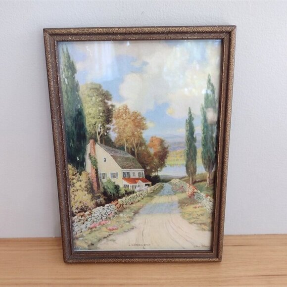 VtgGold Wooden Framed A Garden Spot Arthur Deforest Print Country Scene 8x11 - Picture 1 of 8